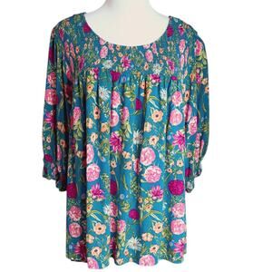 TERRA & SKY Floral Boho Top Blouse Plus 5X 32/34 Smocked Flowy Comfort Teal Pink